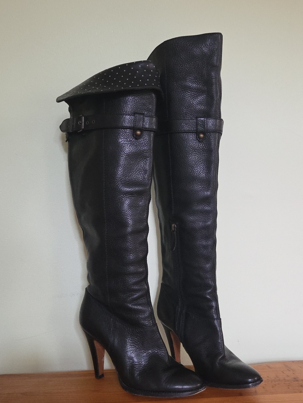 Moschino Cheap and Chic Black Leather Foldover Convertible Boots Polka Dot Cuff